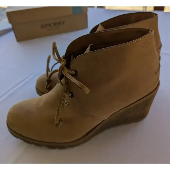 Sperry Ankle Boots Size 8.5M Women Celeste Prow Tan Lace Up Wedge - Picture 2 of 9